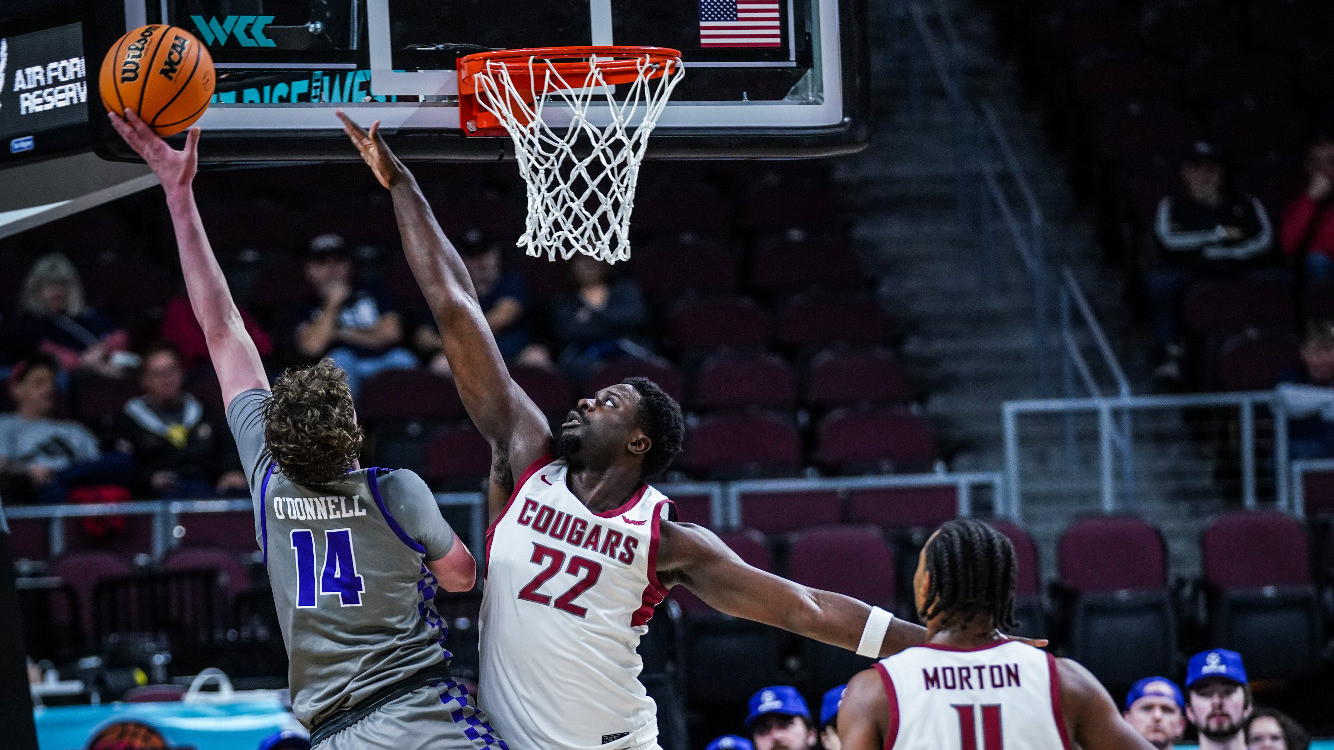 ND Okafor defends a hook shot from Portland, March 6, 2026