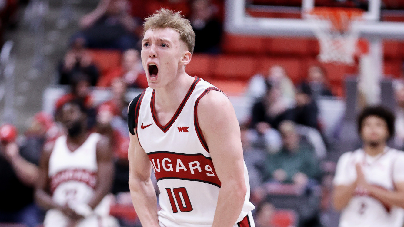 Parker Gerrits celebrates a made basket against Santa Clara