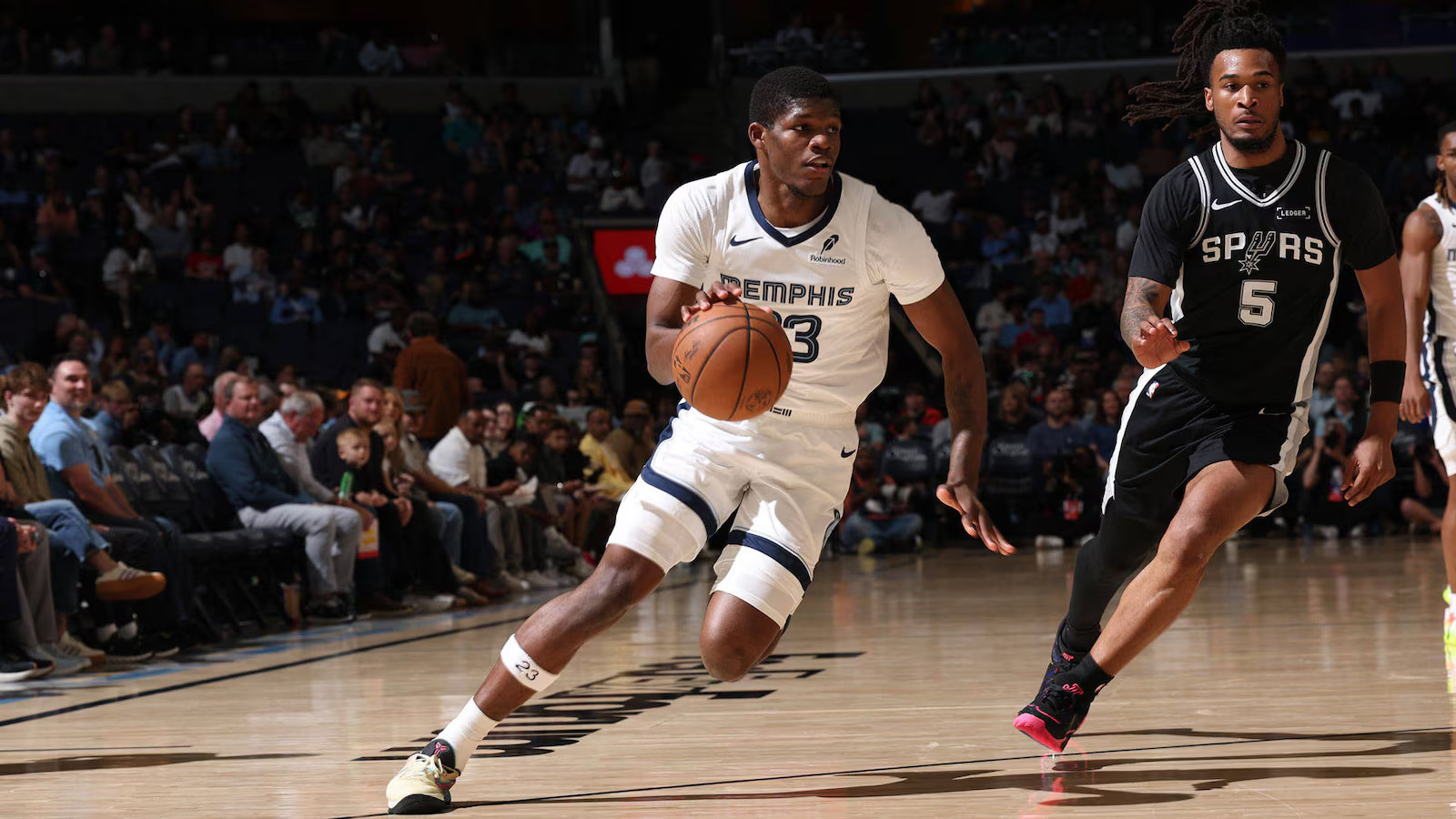 Cedric Coward #23 of the Memphis Grizzlies dribbles the ball during the game against the San Antonio Spurs on March 25, 2026 at FedExForum in Memphis, Tennessee