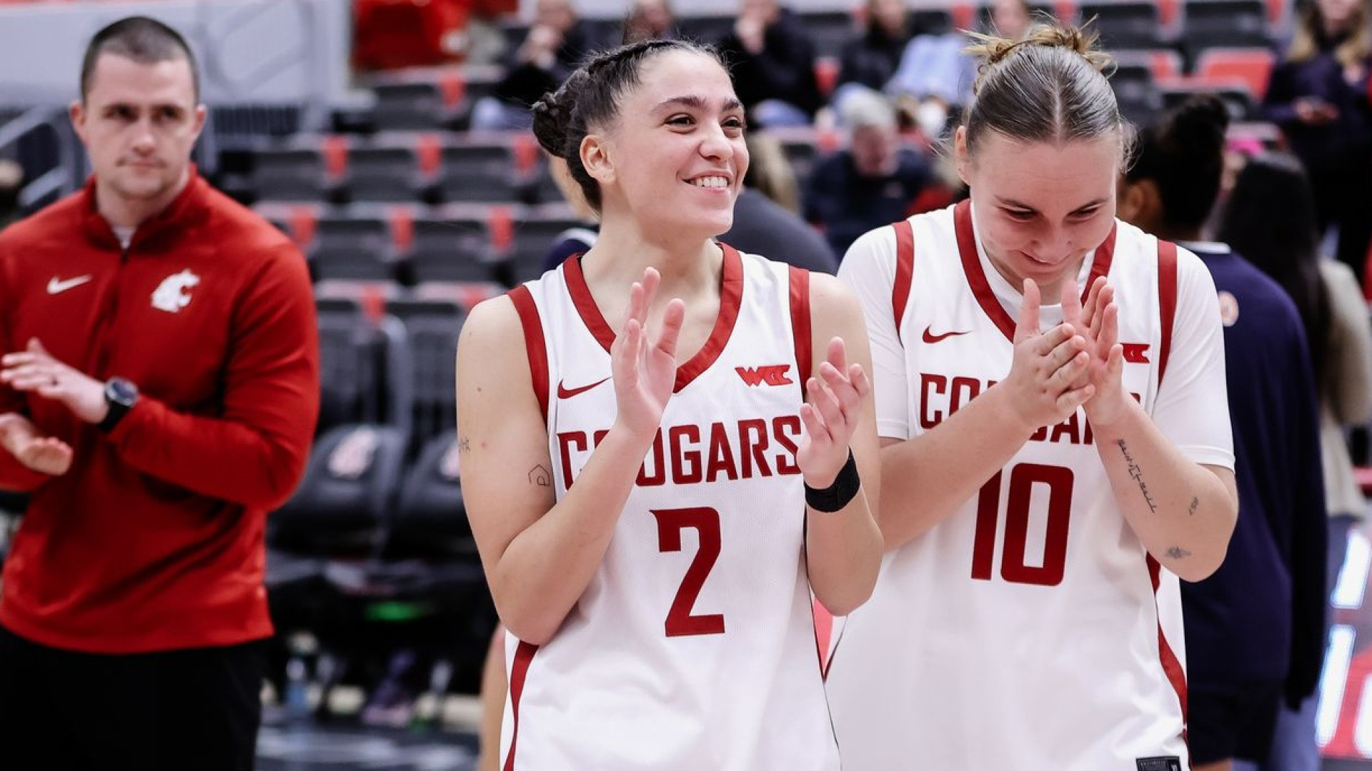 25_12_28 WSU WBB Eleonora Villa and Charlotte Abraham celebrate following a win over Pepperdine